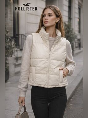 Hollister Cream Puffer Vest Faux Leather Cropped Zip Up Women Small